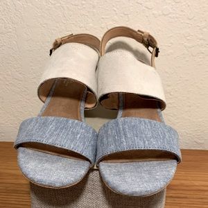 Toms Poppy Sandals Chambray Birch Suede Jut Chunky Heel Slingback Size W 9.5